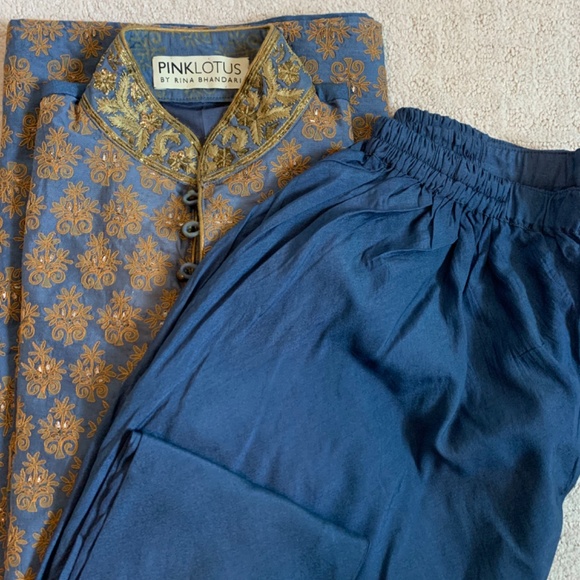 Men’s Kurta set in blue and gold. Pink Lotus by Rina Bhandari - Picture 7 of 7